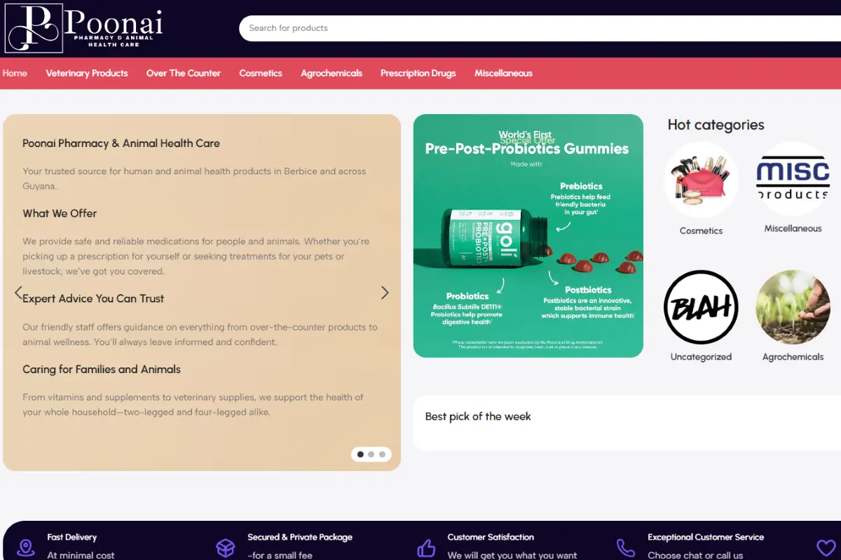 Poonai Pharmacy website in Guyana